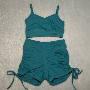 Bo+Tee (oh Polly) Turquoise Sports Bra and Scrunch Spandex Short Set